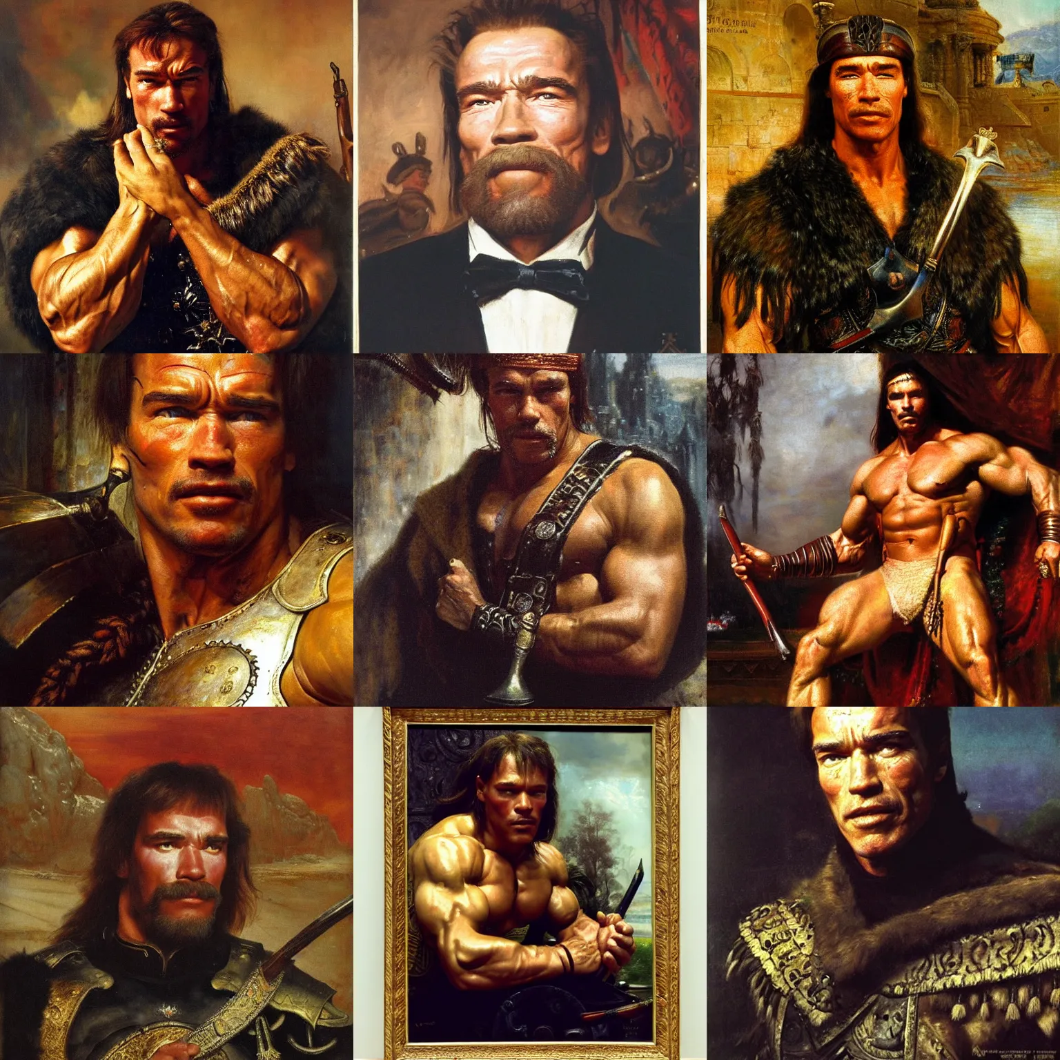 Prompt: portrait of arnold schwarzenegger is conan the barbarian rudolf ernst, john frederick lewis, jean - leon gerome, rudolf weisse