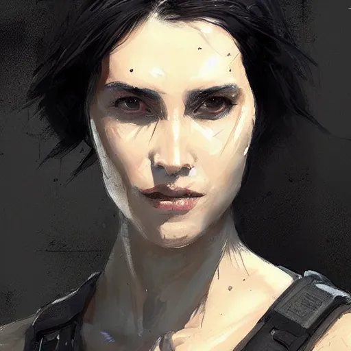 Image similar to portrait of a woman by greg rutkowski, she is about 3 0 years old, messy black bob hair, pale round face, tired eyes, she is wearing futuristic black colored tactical gear, highly detailed portrait, digital painting, artstation, concept art, smooth, sharp foccus ilustration, artstation hq