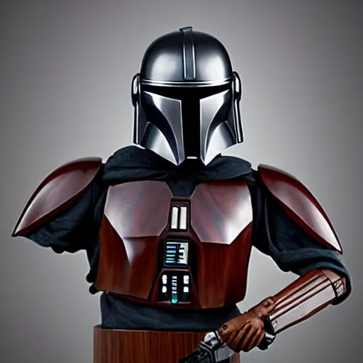 Prompt: a real - world sculpture bust of the mandalorian star wars character, made of highly polished walnut wood, polished, cedar, polished tiger - wood. photograph, photographic, 3 5 mm