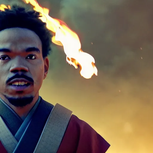 Image similar to cinematic film still of Chance The Rapper starring as a Samurai holding fire, Japanese CGI, VFX, 2022, 40mm lens, shallow depth of field, film photography