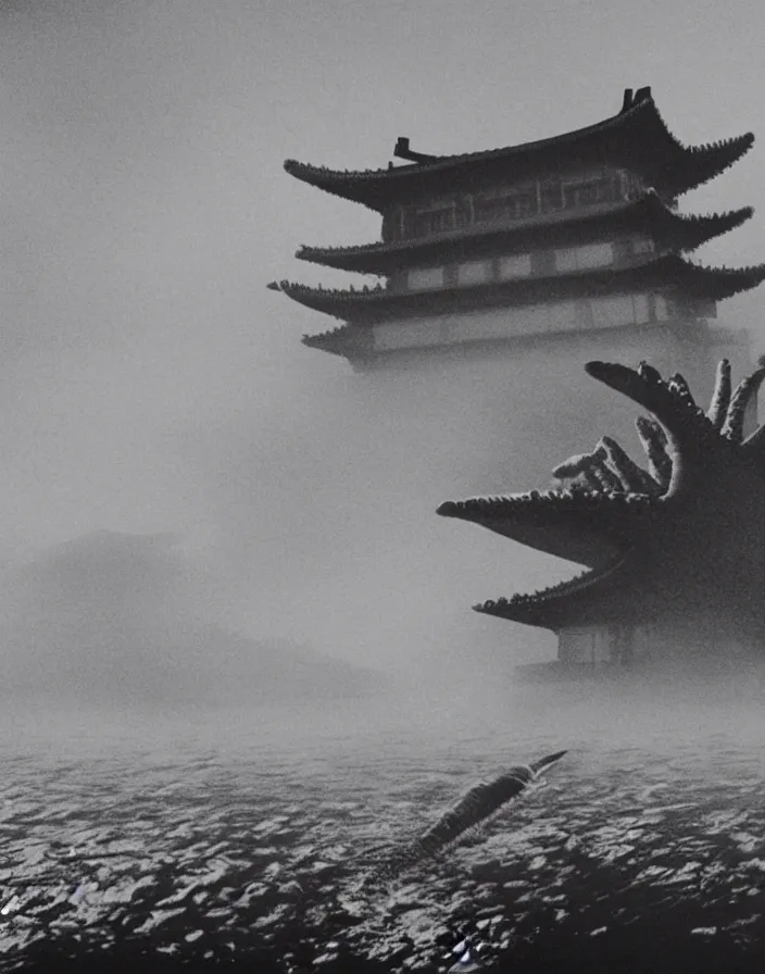 Image similar to a filmstill of a north korean monster movie, kaiju - eiga monster starfish - like trampling a traditional korean palace, foggy, film noir, video compression