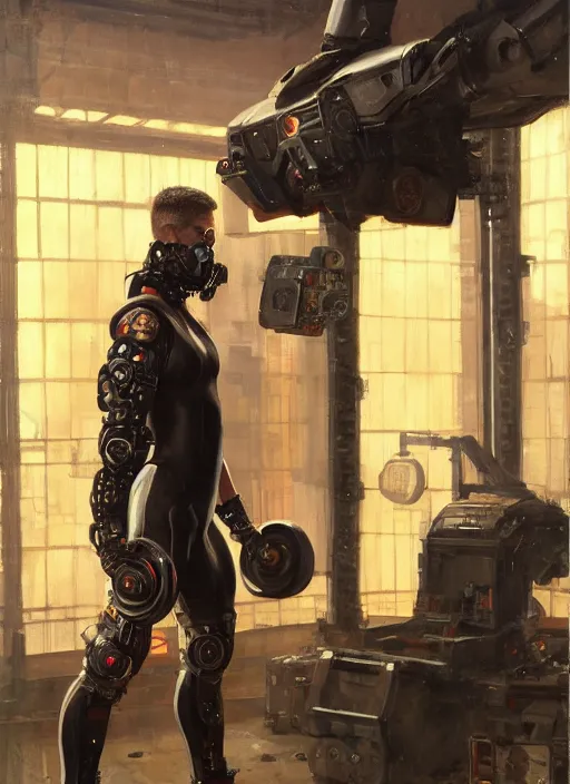 Image similar to buff cyberpunk olympic weightlifter with robotic arms wearing a jumpsuit ( blade runner 2 0 4 9, cyberpunk 2 0 7 7 ). orientalist portrait by john william waterhouse and james gurney and theodore ralli and nasreddine dinet, oil on canvas. cinematic, hyper realism, realistic proportions, dramatic lighting, high detail 4 k