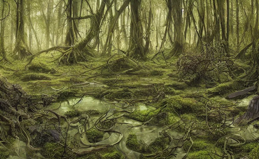 Prompt: digital painting of ovni crash site on swamp wasteland, extraterrestrial body parts on the floor, forest, moss, elegant artwork by lee bermejo and greg rutkowski and alphonse mucha