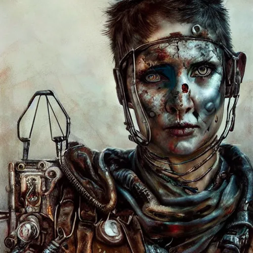 Prompt: mad max rockatansky fury road by brendan mccarthywires cybernetic implants, steelpunk, abandoned steelworks, grime and grunge, in the style of adrian ghenie, esao andrews, jenny saville,, surrealism, dark art by james jean, takato yamamoto