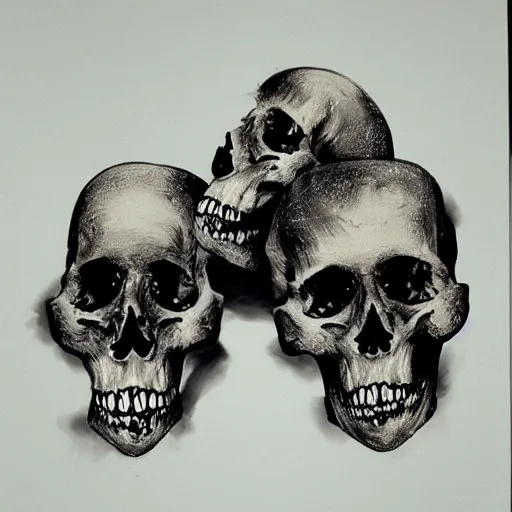 Image similar to vertical pile of 3 skulls vomiting black tar, anna and elena balbusso