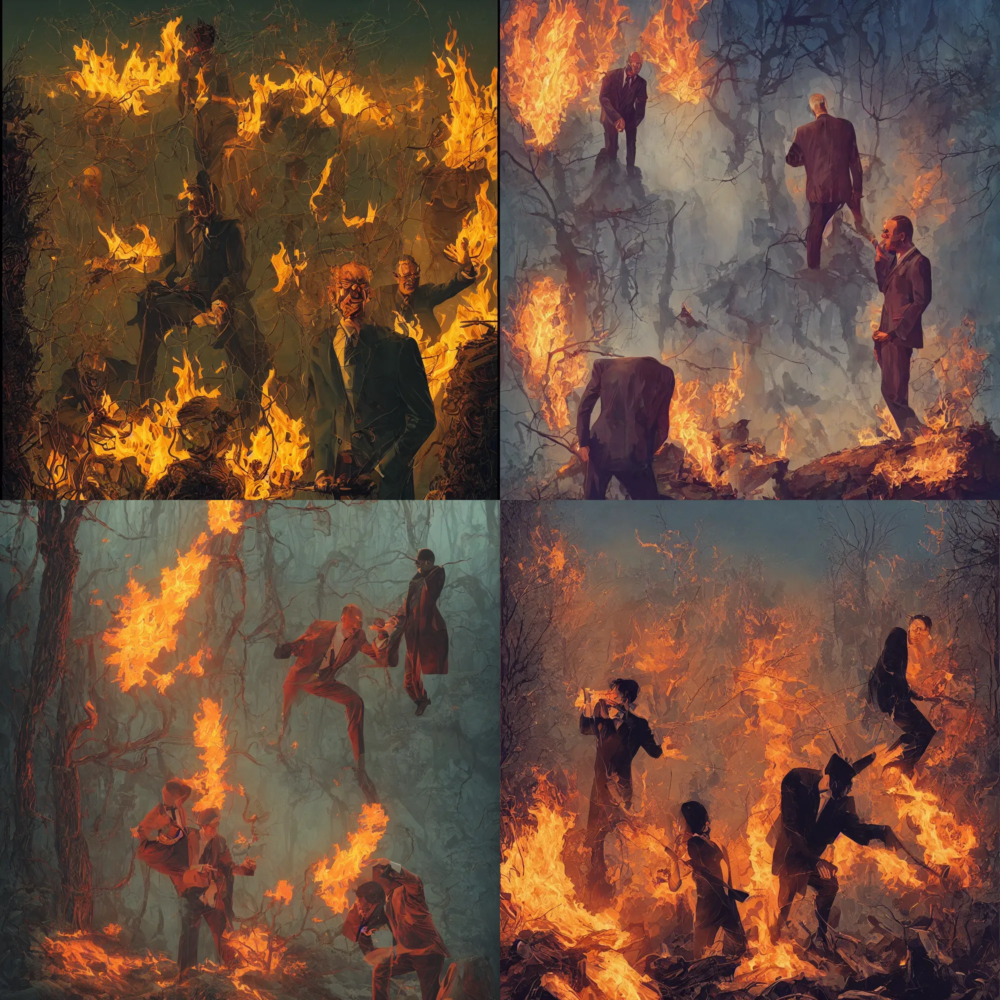 Prompt: poster artwork by Michael Whelan and Tomer Hanuka, Karol Bak of evil ambitius man in suit setting fire to the wild nature near a river, enjoying the destruction for money, clean, simple illustration, nostalgic, domestic, full of details