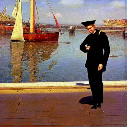 Image similar to painting of sailor boy hyperrealism vasily vereshchagin at harbor