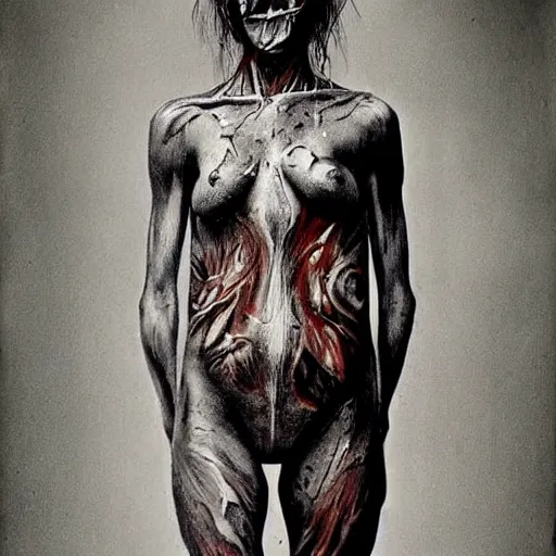 Prompt: stylized bodypaint by stephen gammell, photography. very detailed human form.