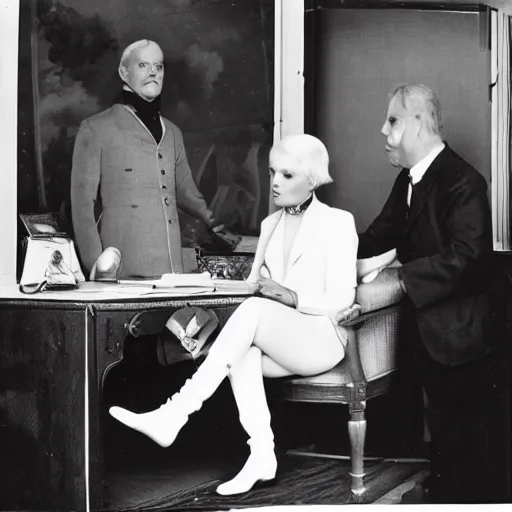 Image similar to Platinum-blonde-haired hime-cut blue-eyed French empress wearing white leggings, black jacket, boots, sitting in office, communist officer standing next to her, talking