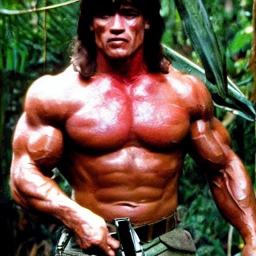 Prompt: a photo of arnold schwarzenegger as rambo, in the jungle, sweat, little dirty, high details