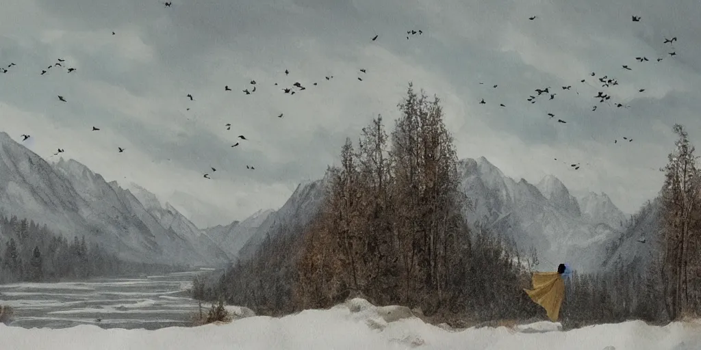 Image similar to A majestic landscape featuring a river, mountains and a forest. A small group of birds is flying in the sky. Harsh winter. very windy. There is a man walking in a deep snow.Camera is closely following the man. Cinematic, very beautiful, painting in the style of Lord of the rings