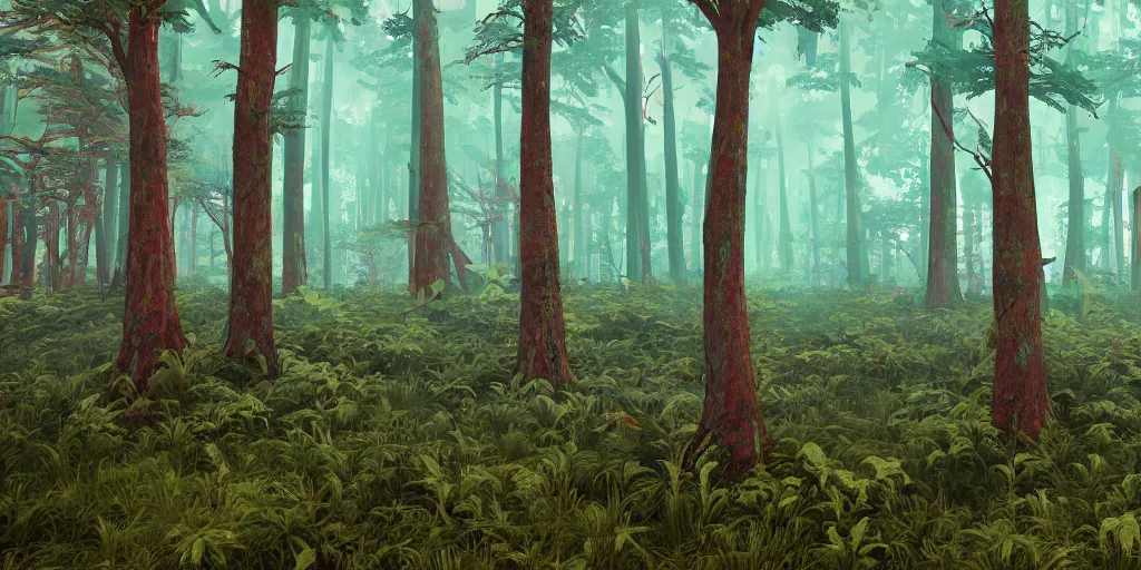 Prompt: abstract 3d landscape forest painting by james jean and David Schnell with 100 year old trees painted in no mans sky style, redshift, octane