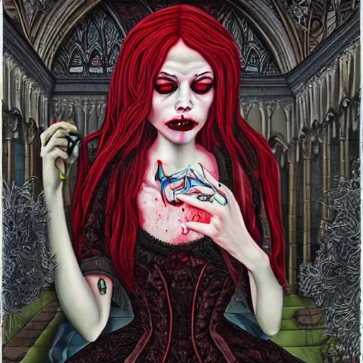 Prompt: a hyperrealistic painting of a beautiful gothic princess crying tears of blood, by Tara McPherson, vivid color, highly detailed,