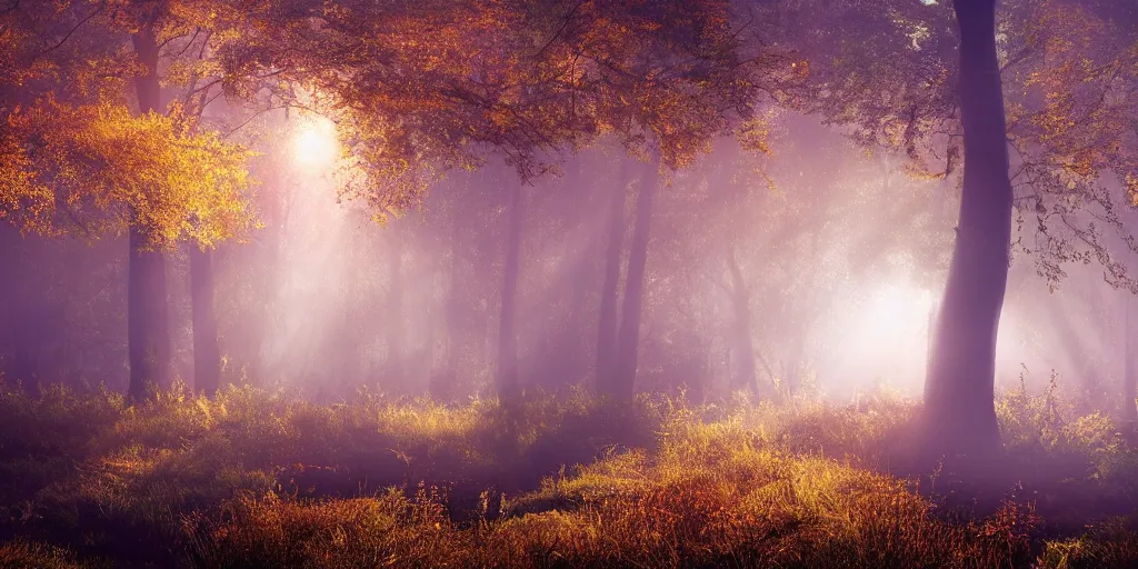 Prompt: A matte painting of a river bank in a forest during the golden hour in autumn, unicorn, surrounded by dust and volumetric light shining through the tree tops