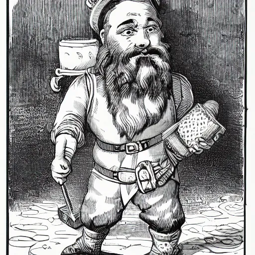 Image similar to dwarf with beard, holding a bomb, dnd, high detail, fantasy, in the style of vintage antique illustration and line drawing or engraving