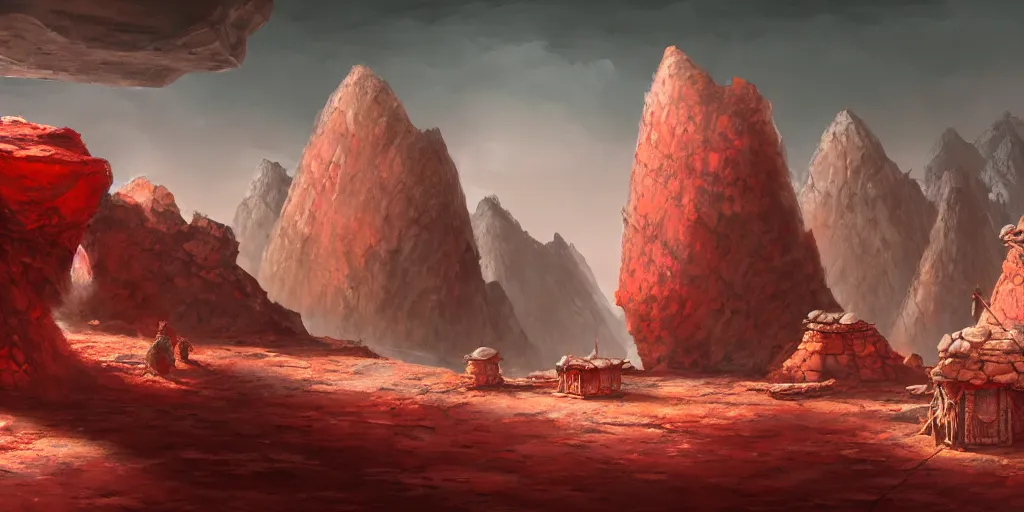 Image similar to a naturally reddened outcropping of stone juts out of the salted crag, matte oil painting, colored merchant tents, retrofuturistic science fantasy, rpg, epic, extremely detailed, sharp focus, 4 k