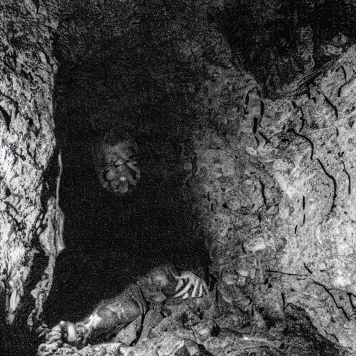 Image similar to photo inside a cavern of a scary humanoid partially hidden in the shadows behind a rock with wet lizard skin and a mouth with sharp tooth and black eyes