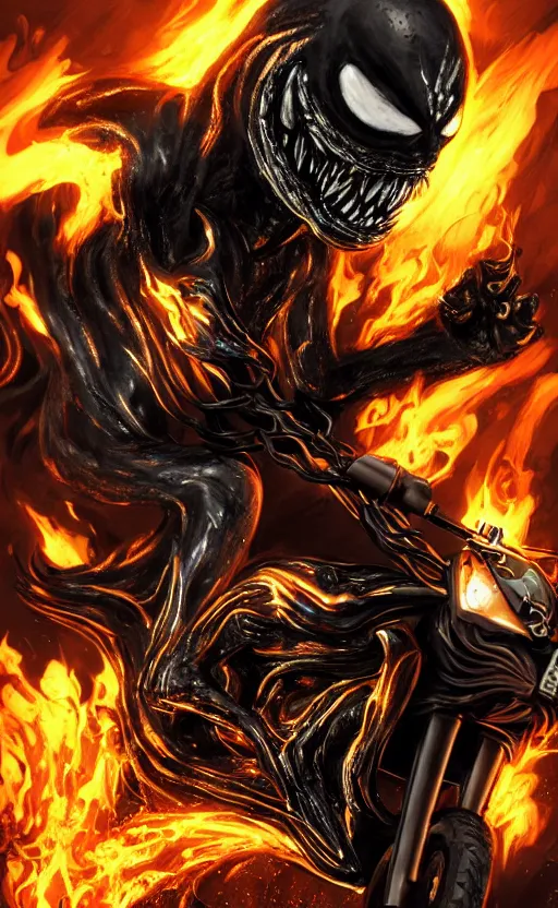 Image similar to venom as ghost rider on a motorcycle, dynamic lighting, photorealistic fantasy concept art, trending on art station, stunning visuals, terrifying, creative, cinematic