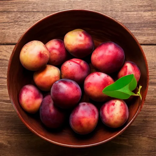 Image similar to a thick porcelain bowl filled with six large moist freshly picked plums on a wooden table. volumetric lighting. 4 k. small scale.