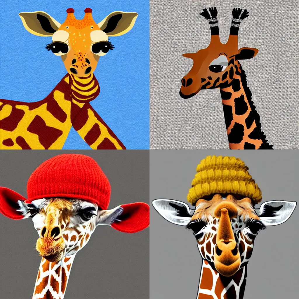 Prompt: a giraffe in a woolen hat, extremely artistic digital artwork