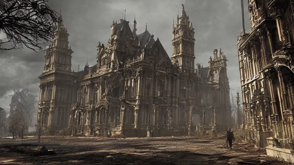 Image similar to victorian era architecture based city, abandoned, crawling with beasts, bloodborne, yarhnam