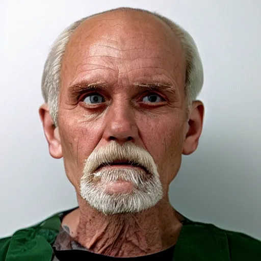 Prompt: A mugshot portrait of an old man who looks like Jerma985 with an extremely receded hairline and short mid-length greying wavy hair, wearing mid-1980s menswear in the late 2000s, taken in the mid 2000s, grainy, realistic, hyperrealistic, very realistic, highly detailed, very detailed, extremely detailed, detailed, trending on artstation, front facing, front view, headshot and bodyshot, detailed face, very detailed face