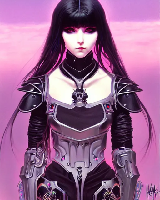 Prompt: portrait of beautiful cute goth girl in warhammer cyber armor, art by kuvshinov ilya and wayne barlowe and gustav klimt and artgerm and wlop