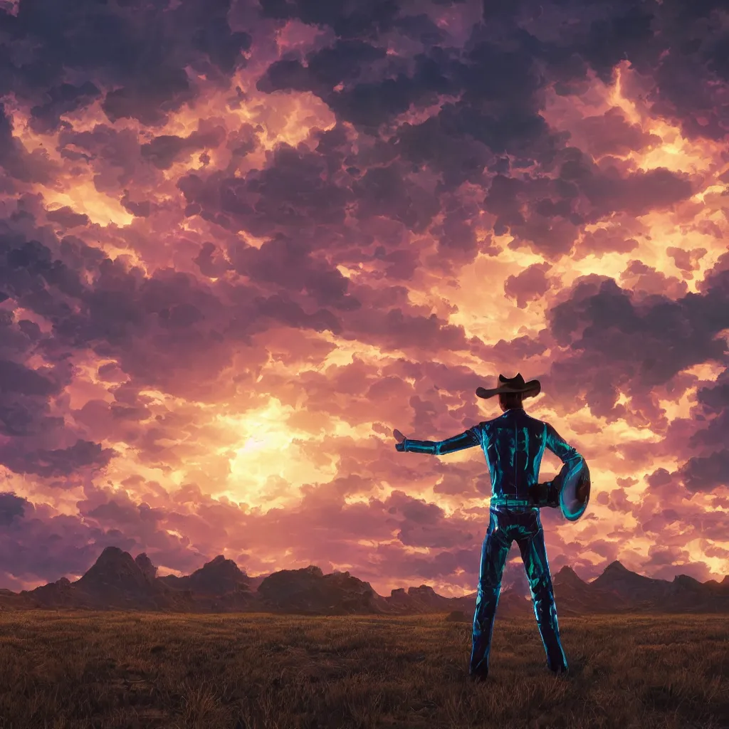 Image similar to octane render by laurie greasley and asher brown durand and jason edmiston, a cowboy wearing a full - body iridescent suit and cowboy hat inside a scenic western landscape with colorful clouds, cinema 4 d, 8 k, volumetric lighting and shadows