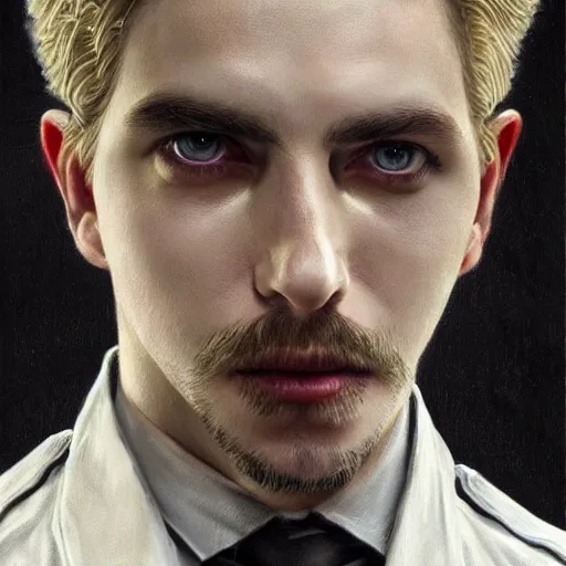 Image similar to portrait painting of a vampire police officer with pale skin short blond hair and a patchy beard, ultra realistic, concept art, intricate details, eerie, highly detailed, photorealistic, octane render, 8 k, unreal engine. art by artgerm and greg rutkowski