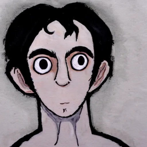 Image similar to young man portrait, black hair, skinny, sleep deprived, corpse bride art style