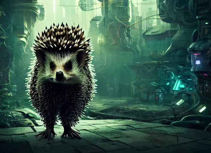 Prompt: portrait of a intricate humanoid hedgehog terminator, on the background of a weird magical mechanical forest. Very detailed 8k. Fantasy cyberpunk horror. Sharp. Cinematic post-processing. Unreal engine. Nanite. Ray tracing. Parallax. Tessellation