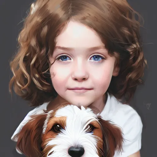 Prompt: a seven year old girl with short wavy curly light brown hair and blue eyes sitting with a very cute wire haired jack russell terrier puppy, white with brown patches over both eyes. detailed, high quality painting by artgerm and greg rutkowski and ilya kuvshinov