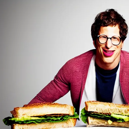 Image similar to andy samberg eating a sandwich