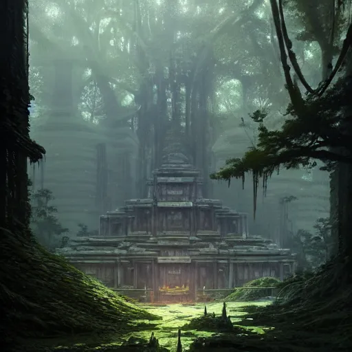 Prompt: detailed sci - fi concept art of a detailed ancient temple in an overgrown forest, depth of field, unreal engine, artstation, award - winning realistic sci - fi concept art by greg rutkowski and yoshitaka amano, in the style of james gurney.