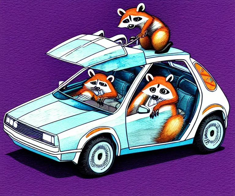 Prompt: cute and funny, racoon wearing a helmet riding in a tiny silver color hot rod dmc delorean with oversized engine, ratfink style by ed roth, centered award winning watercolor pen illustration, isometric illustration by chihiro iwasaki, edited by range murata, details by artgerm, full picture