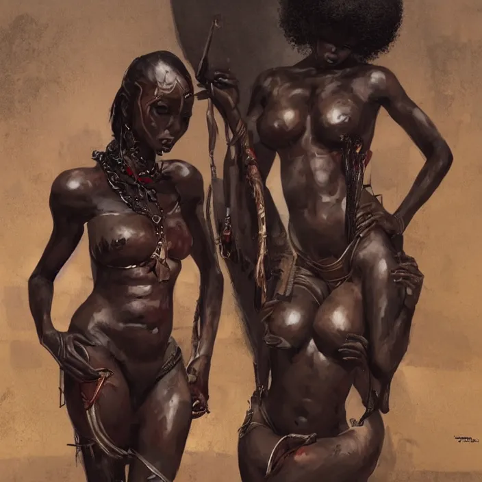 Prompt: african tribal domme mistress, rubber, spikes, passionate, smooth, concept art, realistic painting, digital art by greg rutkowski, by junji ito