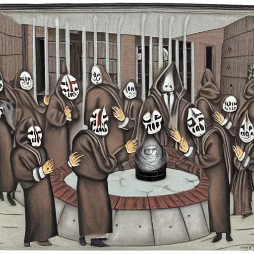 Image similar to several hooded disciples in purge masks, gathered in a brutalist courtyard, performing incantations over a fire in a barrel, by PJ Crook, oil on canvas