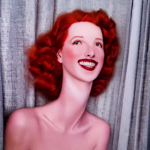 Prompt: tall, lithe goddess, soft red hair, fair skin, normal rockwell, 1 9 4 0's, liberty curls, flushed cheeks, pink lips, conservative smile