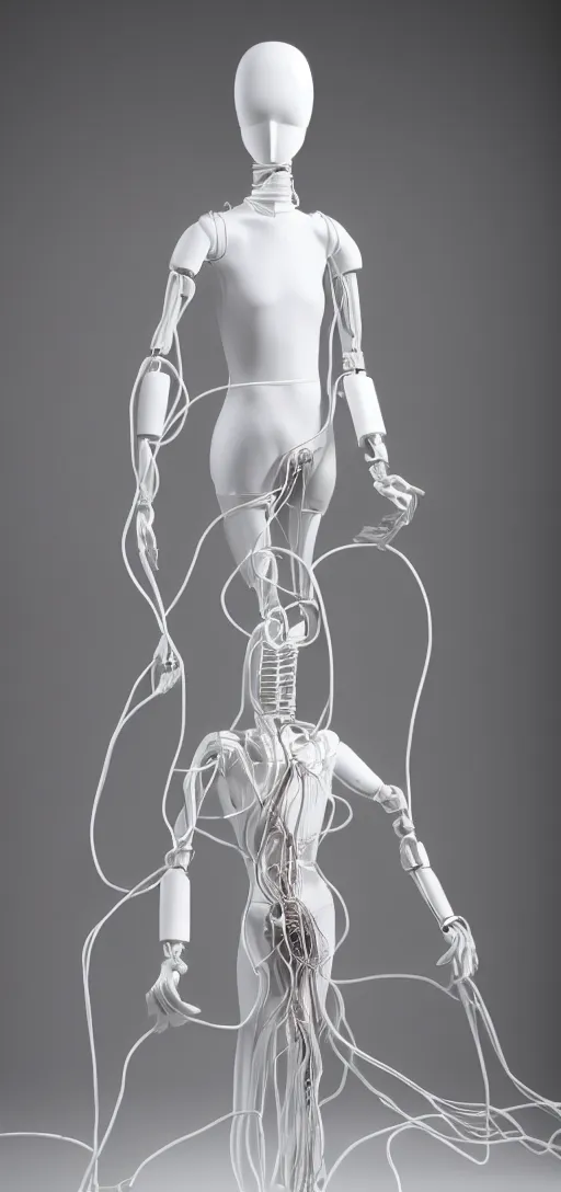 Image similar to a white futuristic mannequin with wires and pipes extending from its body