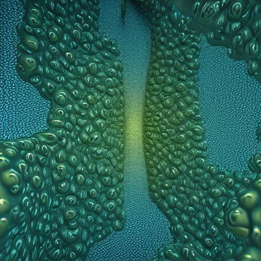 Image similar to highly detailed 3 d rendering in octane and vray of slime mold made of cellular automata according to golden ratio pattern floating in space. beautiful mystical lighting, mist, sigma 2 4 mm