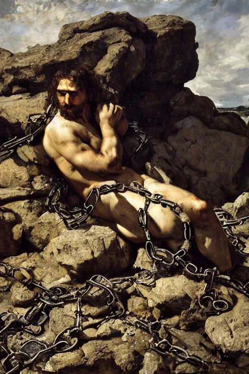 Image similar to chains an rocks and broken mirrors, 8 k, hdr, great light, gustave courbet, annie leibowitz