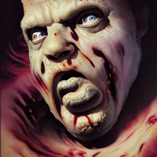 Image similar to big eyes wide open, horrific sentient meatloaf, holding meatloaf, sloppy, gross, meatloaf, hyper realistic, terrifying, disturbing, strange, bizarre, masterpiece, meatloaf is everywhere, ground beef bloody, liquid, 4 k, vivid colors, elegant, highly detailed, john park, frazetta, john howe, ruan jia, jeffrey catherine jones