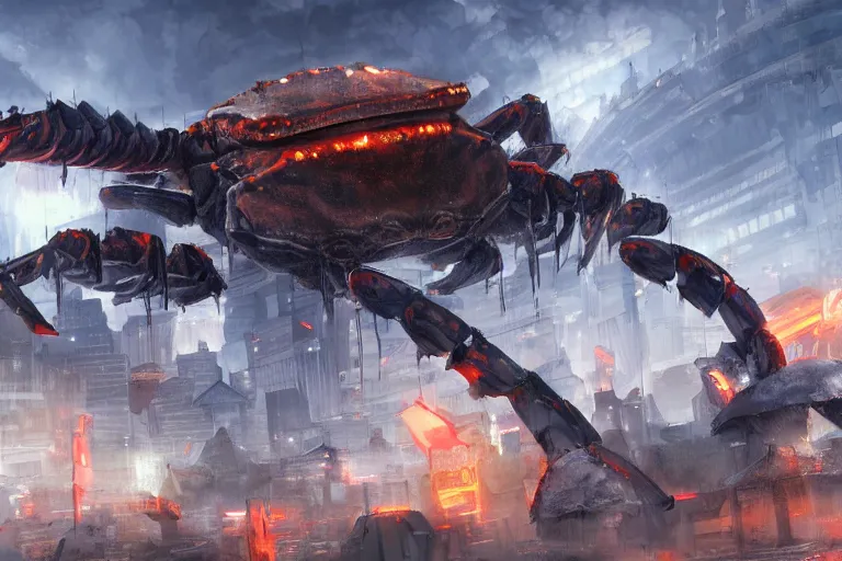 Prompt: giant mechanical crab destroying buildings on a city, digital painting, mixed media, trending on artstation and deviantart, epic composition, highly detailed, 8 k