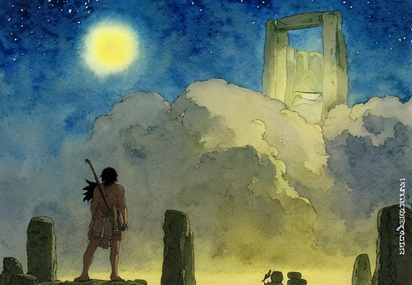 Image similar to a simple watercolor studio ghibli movie still fantasy concept art of a giant native american man standing in stonehenge in the ocean. it is a misty starry night. by rebecca guay, michael kaluta, charles vess