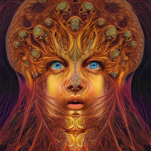 Prompt: perfectly centered portrait, front view of a beautiful biomechanical fractal mushroom goddess, female, flowing hair, intense stare, sweet smile, symmetrical, concept art, intricate detail, volumetric shadows and lighting, psychedelic colors, vibrant, realistic oil painting by gustave dore and alex grey,