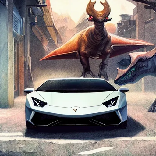Image similar to lamborghini with dinosaur near a obi store, highly detailed, concept art, art by wlop and artgerm and greg rutkowski, masterpiece, trending on artstation, 8 k