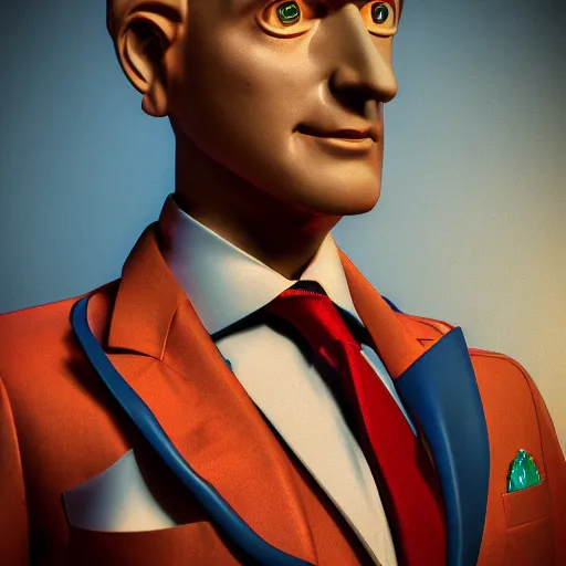 Prompt: portrait of a robot, suit and tie, wings, historic portrait, colorful, dramatic lighting, octane render