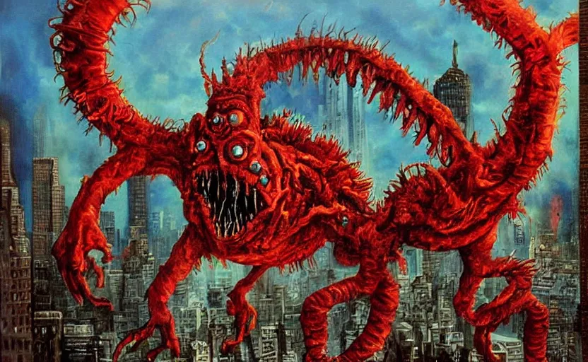 Prompt: an oil painting of atompunk red alert monster that consumes new york city in style of lovecraftian horror by simon bisley