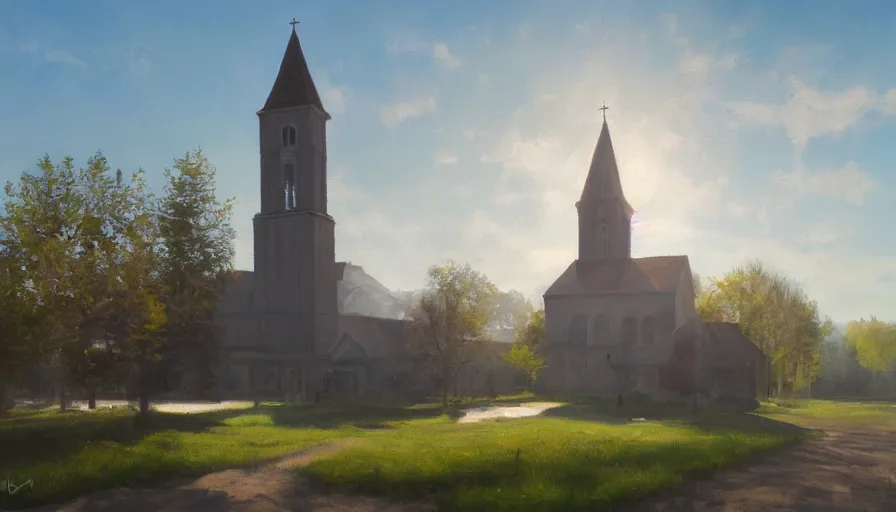 Prompt: oil painting, midwest town, sunny day, sun behind church tower, square, trees, volumetric light, hyperdetailed, artstation, cgsociety, 8 k