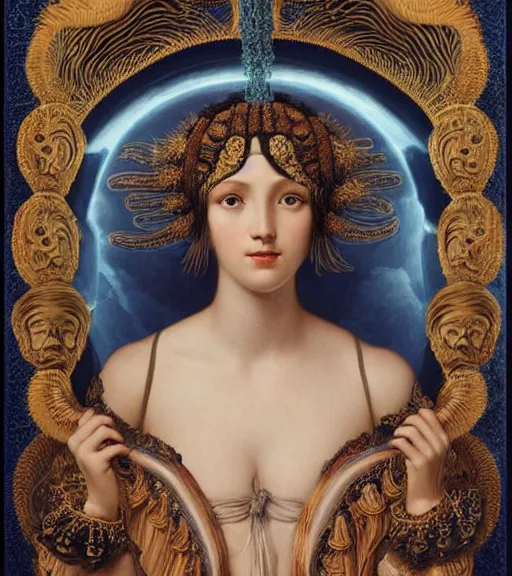 Prompt: portrait of a beatiful young goddess with intricate jellyfish headdress, dark background, intricate hyper detailed art by john william godward and ernst haeckel and james jean